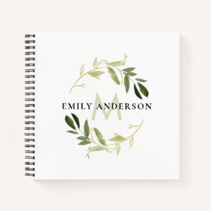 GOLD GREEN FOLIAGE WATERCOLOR WREATEN MONOGRAM NOTIZBUCH