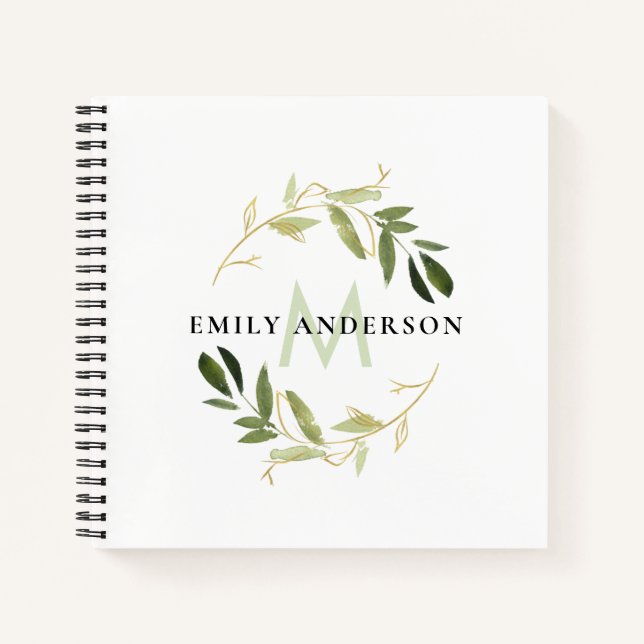 GOLD GREEN FOLIAGE WATERCOLOR WREATEN MONOGRAM NOTIZBUCH (Vorderseite)