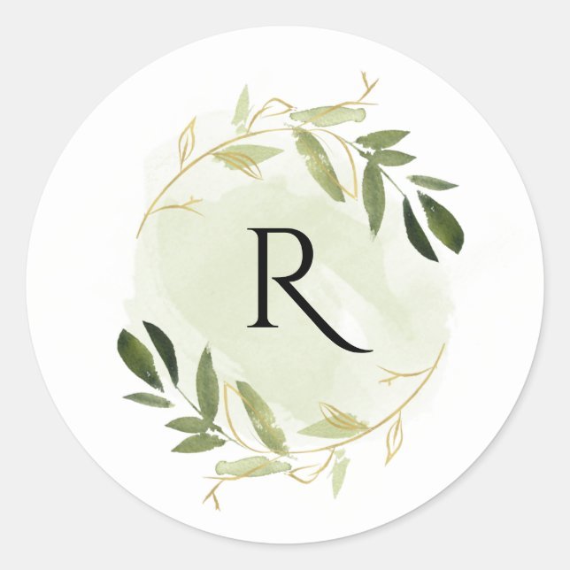 GOLD GREEN FOLIAGE WATERCOLOR WREATEN MONOGRAM RUNDER AUFKLEBER (Vorderseite)