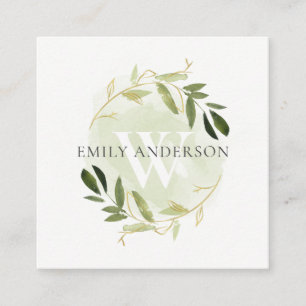 GOLD GREEN FOLIAGE WATERCOLOR WREATH PROFESSIONAL QUADRATISCHE VISITENKARTE