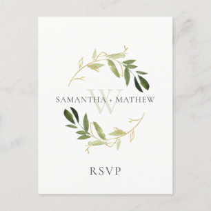 GOLD GREEN FOLIAGE WATERCOLOR WREATH WEDH RSVP POSTKARTE