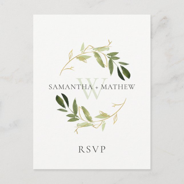 GOLD GREEN FOLIAGE WATERCOLOR WREATH WEDH RSVP POSTKARTE (Vorderseite)