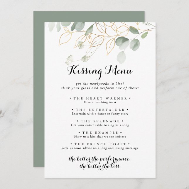 Gold Green Foliage Wedding Kissing Menu Game Card (Vorne/Hinten)