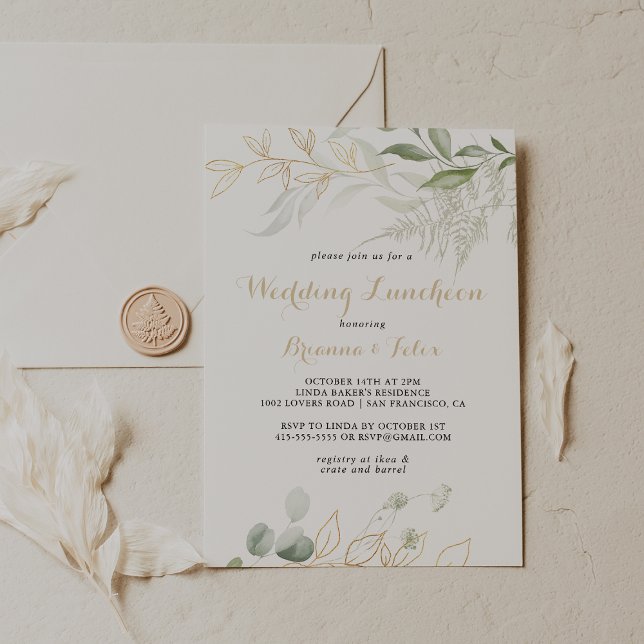 Gold Green Foliage Wedding Luncheon Brautparty Einladung (Von Creator hochgeladen)