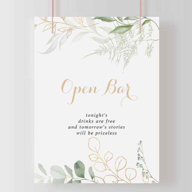 Gold Green Foliage Wedding Open Bar Sign Poster (Von Creator hochgeladen)