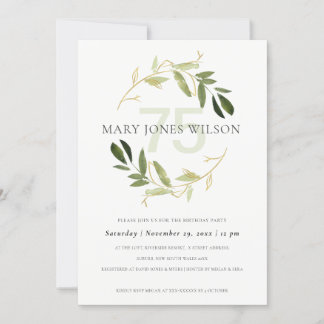 GOLD GREEN FOLIAGE WREATH ALTER 75 GEBURTSTAGSKART DANKESKARTE