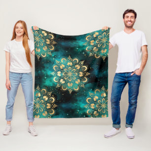 Gold & Green Galaxy Dharma Mandala Muster Fleecedecke