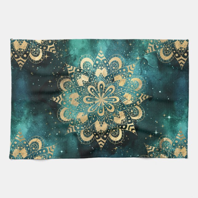 Gold & Green Galaxy Dharma Mandala Muster Geschirrtuch (Horizontal)
