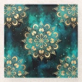 Gold & Green Galaxy Dharma Mandala Muster Glasuntersetzer
