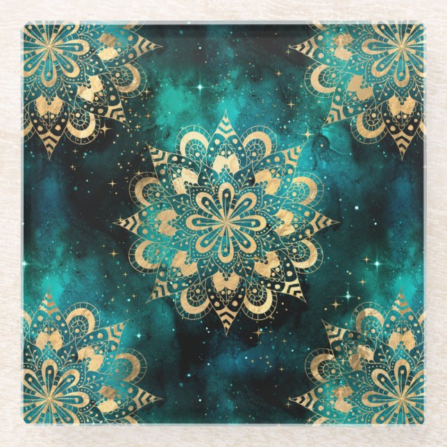 Gold & Green Galaxy Dharma Mandala Muster Glasuntersetzer (Vorderseite)