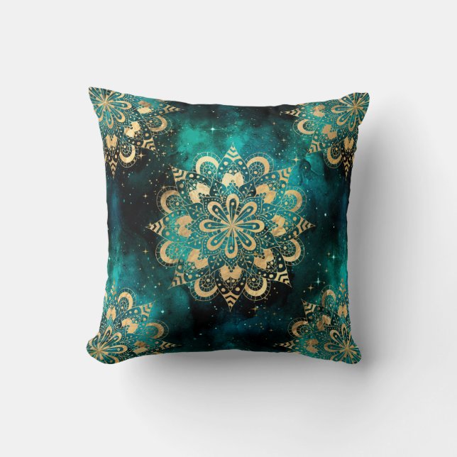 Gold & Green Galaxy Dharma Mandala Muster Kissen (Vorderseite)