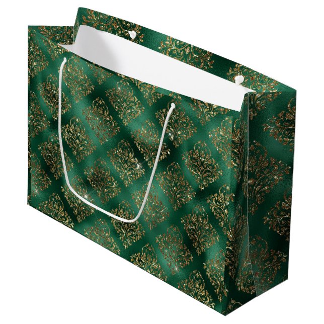 Gold Green Holiday Weihnachten Metallic Damask Große Geschenktüte (Vorderseite Schrägansicht)