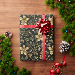Gold & Green Leaves Wrapping Paper on Dark Back Geschenkpapier
