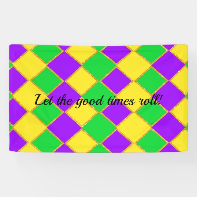 Gold Green Lila Mardi Gras Harlequin Pattern Banner (Horizontal)
