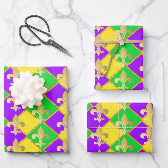 Gold Green Lila Mardi Gras Harlequin Pattern Geschenkpapier Set (Vorderseite)