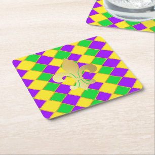 Gold Green Lila Mardi Gras Harlequin Pattern Rechteckiger Pappuntersetzer