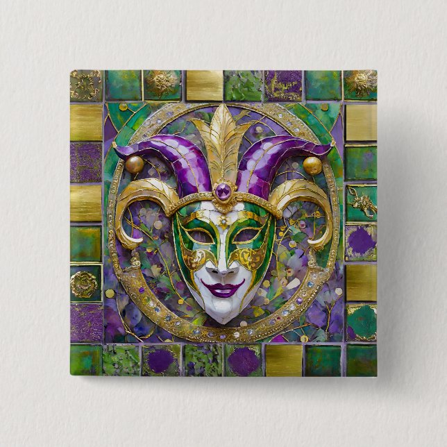 Gold Green Lila Mardi Gras Jester Mask Button (Vorderseite)
