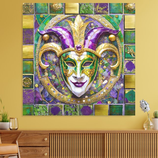 Gold Green Lila Mardi Gras Jester Mask Leinwanddruck (Insitu (Wohnzimmer))