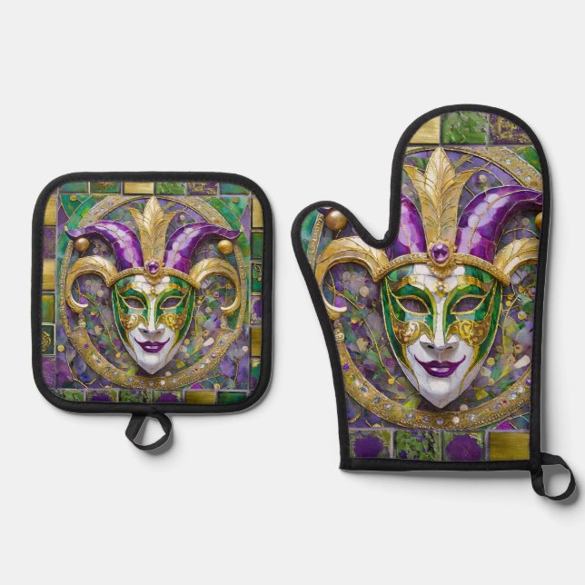 Gold Green Lila Mardi Gras Jester Mask Ofenhandschuh & Topflappen-Set (Vorderseite)
