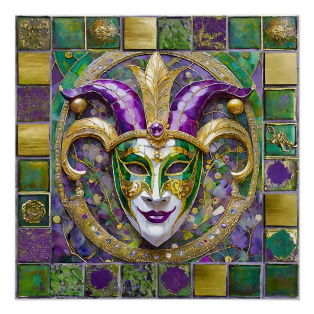 Gold Green Lila Mardi Gras Jester Mask Poster (Vorderseite)