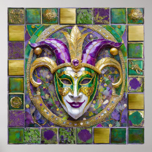 Gold Green Lila Mardi Gras Jester Mask Poster