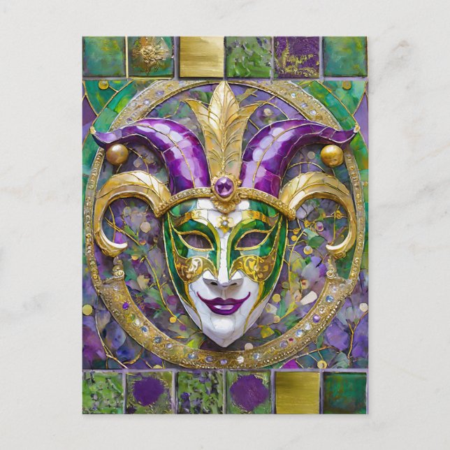 Gold Green Lila Mardi Gras Jester Mask Postkarte (Vorderseite)