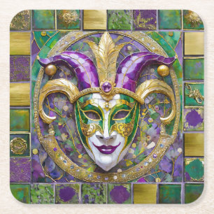 Gold Green Lila Mardi Gras Jester Mask Rechteckiger Pappuntersetzer