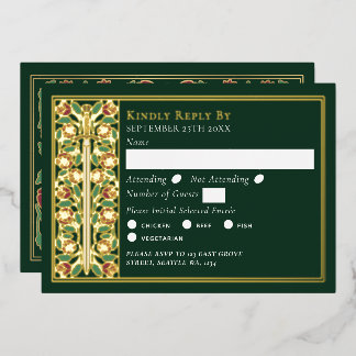 Gold Green Medieval Sword Wedding RSVP Folieneinladung