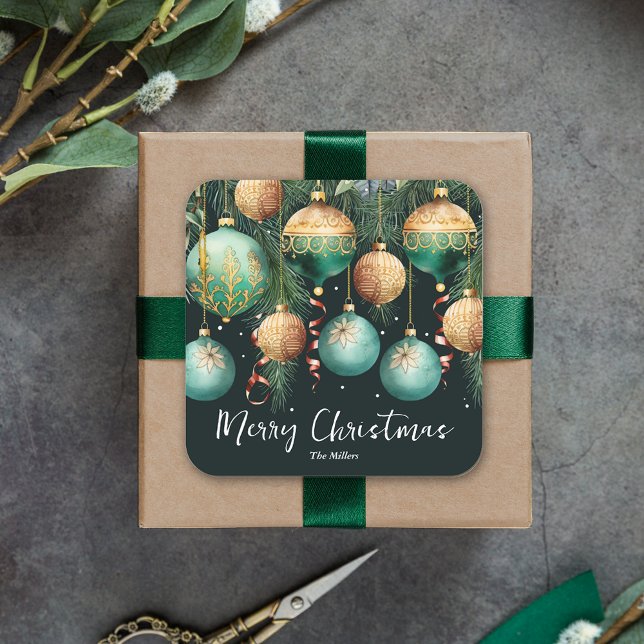 Gold Green Merry Christmas Ornaments Quadratischer Aufkleber (Gold and green tree ornaments Merry Christmas square 3" stickers)