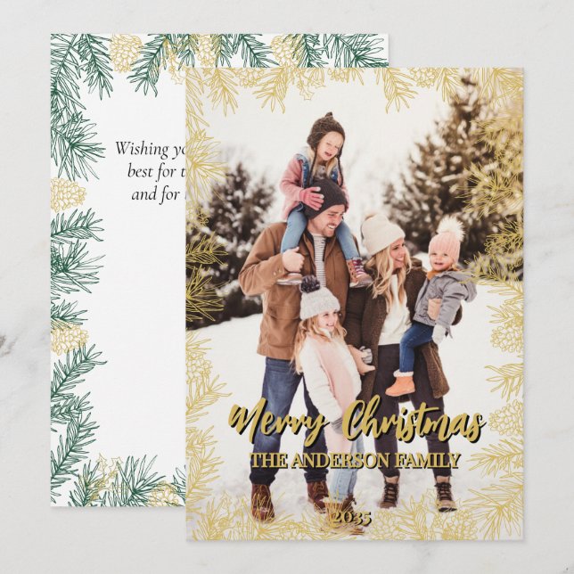 Gold Green Modern Botanic Family Foto Weihnachten (Vorne/Hinten)