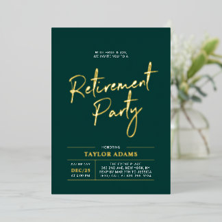 Gold & Green Modern Brush Script Retirement Party Folieneinladung