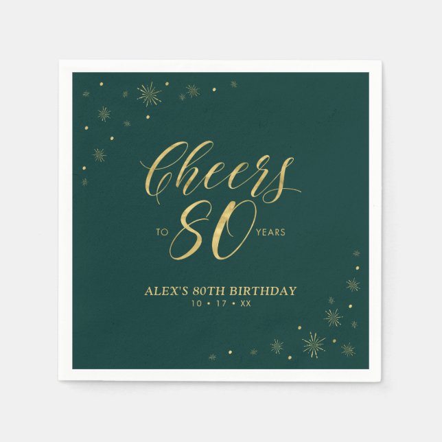 Gold & Green Modern Cheers 80. Geburtstagsparty Serviette (Vorderseite)