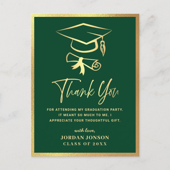 Gold Green Modern Graduation Party Danke Postkarte (Vorderseite)