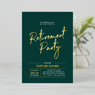 Gold & Green Moderne Pinsel Schrift Ruhestandsfeie Folieneinladung