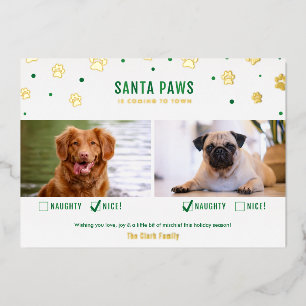 Gold & Green Naughty oder Nice Two Dog Foto Folien Feiertagskarte
