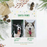 Gold & Green Naughty oder Nice Two Dog Foto Folien Feiertagskarte<br><div class="desc">Niedliche und lustige Lieblingskarten! "Santa Paws kommt in die Stadt" zwei Hunde Weihnachtsfotokarte mit unangenehmen oder schönen Auswahlfeldern und echten Folienakzenten!</div>