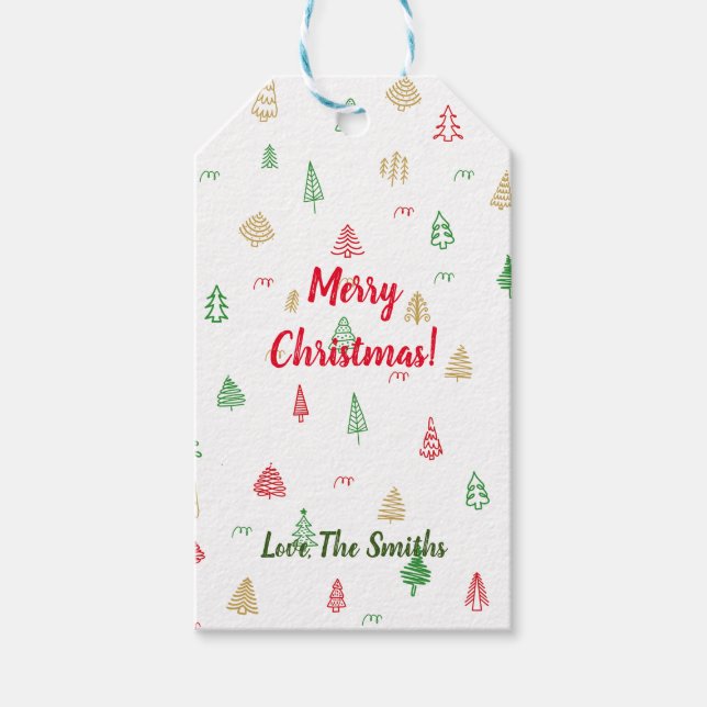 Gold Green Red Christmas Trees Muster Geschenkanhänger (Vorderseite)