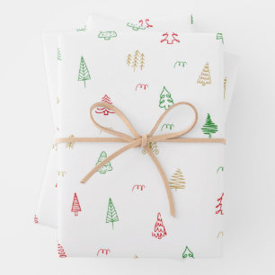 Gold Green Red Christmas Trees Muster Geschenkpapier Set