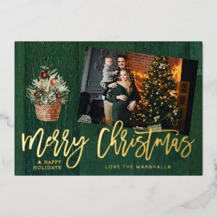 Gold & Green Rustic Frohe Weihnachten 4 Multi-Foto Folieneinladung