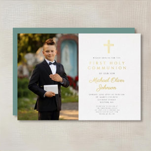 Gold Green Script Boy Foto Erste Kommune Folieneinladung