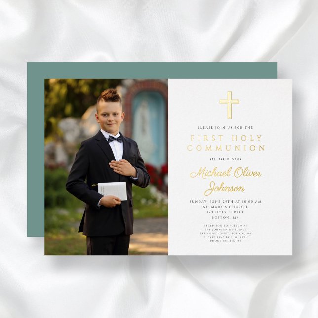 Gold Green Script Boy Foto Erste Kommune Folieneinladung (Gold Green Script Boy Photo First Communion Foil Invitation)