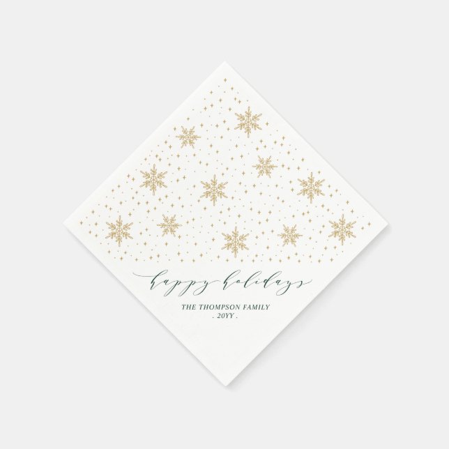 Gold & Green Snowflakes Christmas Holiday Party Serviette (Ecke)