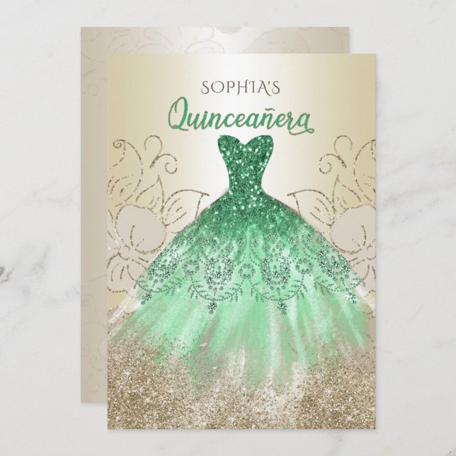 Gold Green Sparkle Dress Quinceañera Quince Einladung (Vorne/Hinten)