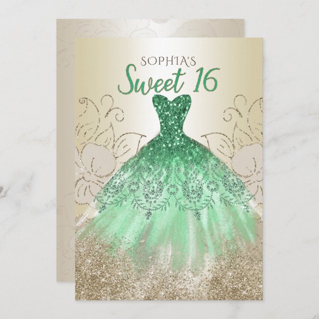 Gold Green Sparkle Dress Sweet 16 Geburtstag Einladung (Vorne/Hinten)