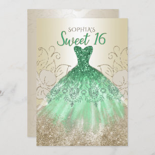 Gold Green Sparkle Dress Sweet 16 Geburtstag Einladung