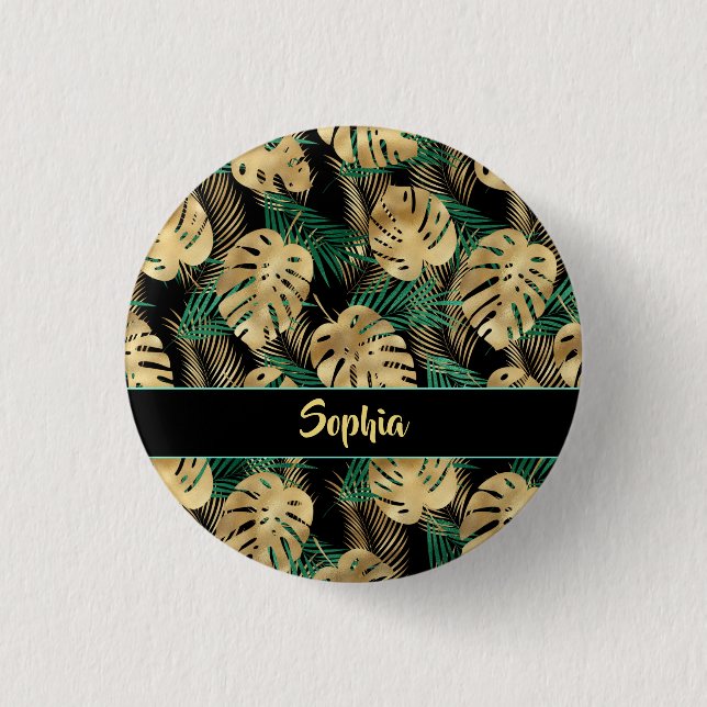 Gold & Green Tropical Blätter, DIY Gold Name, Blac Button (Vorderseite)