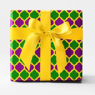 Gold Green und Lila Mardi Gras Quatrefoil Geschenkpapier