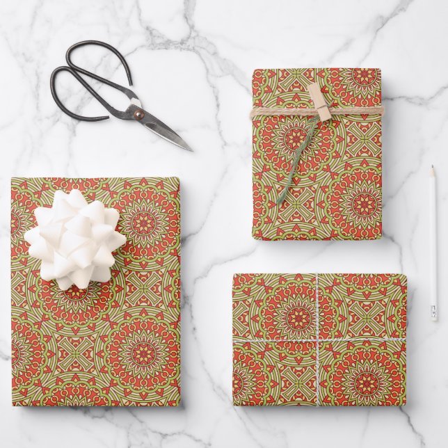 Gold Green und Orange Circle Mandala Geschenkpapier Set (Vorderseite)