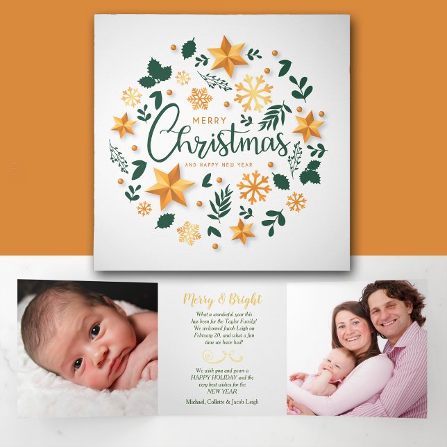 Gold Green Weihnachtskranz 3 Fotoplatt Dreifach Gefaltete Urlaubskarte (Von Creator hochgeladen)