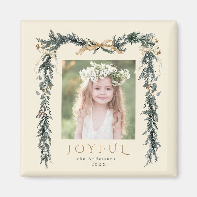 Gold & Green Weihnachtsrahmen Foto Joyful Ivory Magnet (Vorne)